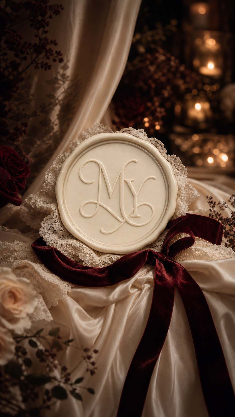 Romantic wedding closing scene with ivory wax medallion and burgundy ribbon