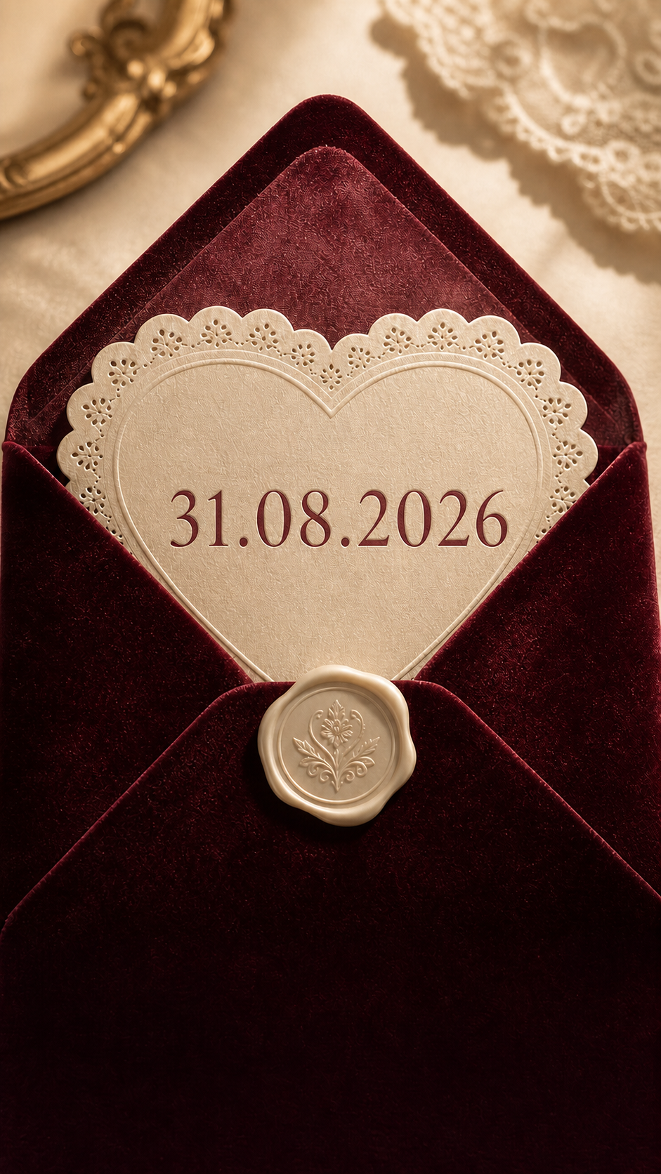 Luxury burgundy envelope with blank ivory heart card and wax seal