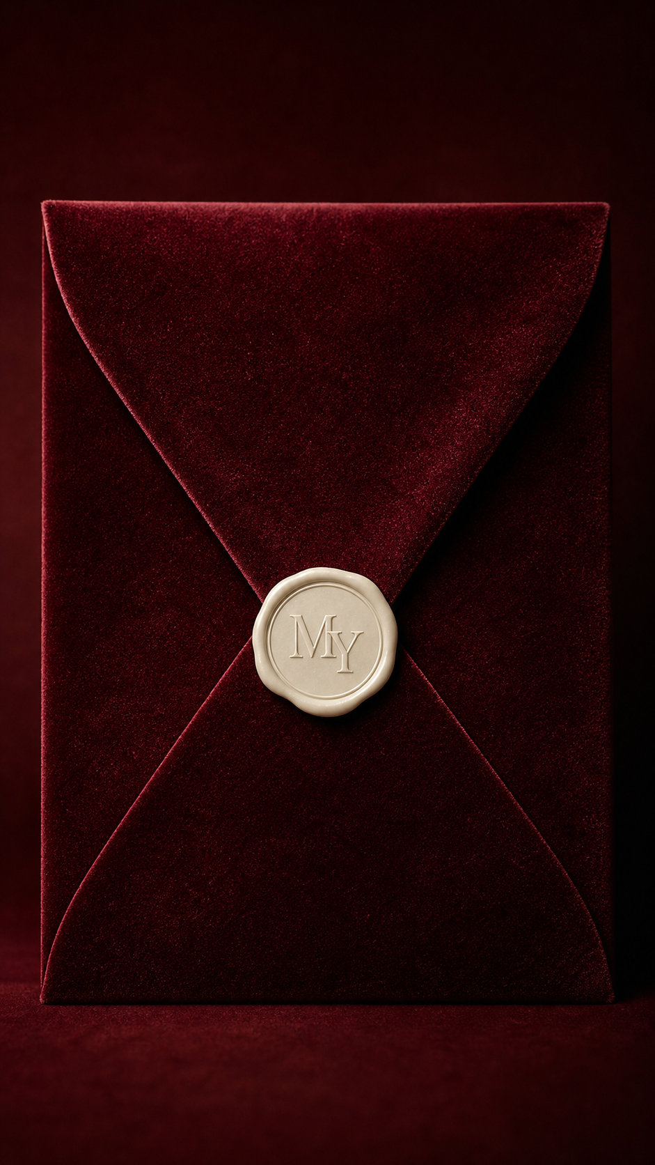 Luxury burgundy velvet envelope with an ivory wax seal